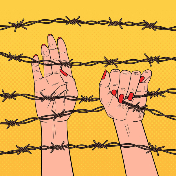 "Pop Art Female Hands Holding a Barbed Wire". Концепция прав человека. Векторная иллюстрация
 - Вектор,изображение