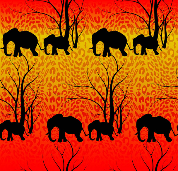 Modello di tigre batik con simpatico animale, elefanti. Il bambino dell'elefante con la madre. Una passeggiata nella savana, sfondo piatto vettoriale. Può essere utilizzato per tessile, sfondo del sito web, copertina del libro, imballaggio
 - Vettoriali, immagini