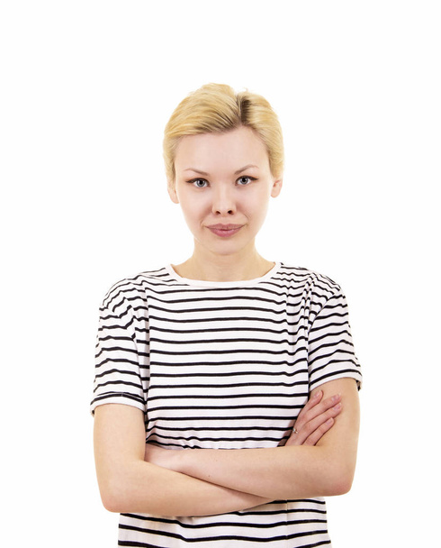 Young woman in striped tee shirt. - Valokuva, kuva