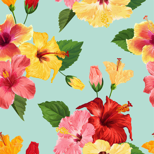 Tropical Hibiscus Flower Seamless Pattern. Floral Summer Background for Fabric Textile, Wallpaper, Decor, Wrapping Paper. Watercolor Botanical Design. Vector illustration - Vektori, kuva