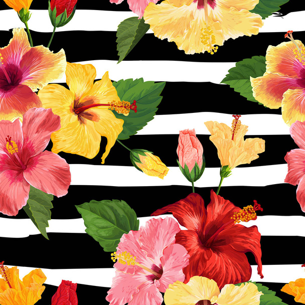 Tropical Hibiscus Flower Seamless Pattern. Floral Summer Background for Fabric Textile, Wallpaper, Decor, Wrapping Paper. Watercolor Botanical Design. Vector illustration - Vetor, Imagem