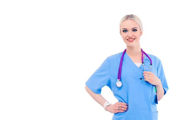 Portrait of female doctor standing against isolated on white background. Woman doctor. - Fotó, kép