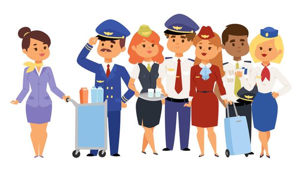 Piloten en stewardess vector illustratie luchtvaartmaatschappij karakter vliegtuig personeel personeel lucht gastvrouw stewardessen mensen opdracht. - Vector, afbeelding