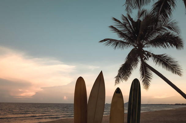 Silhouette surfboard on tropical beach at sunset in summer. Seascape of summer beach and palm tree at sunset. Vintage color tone - Photo, Image