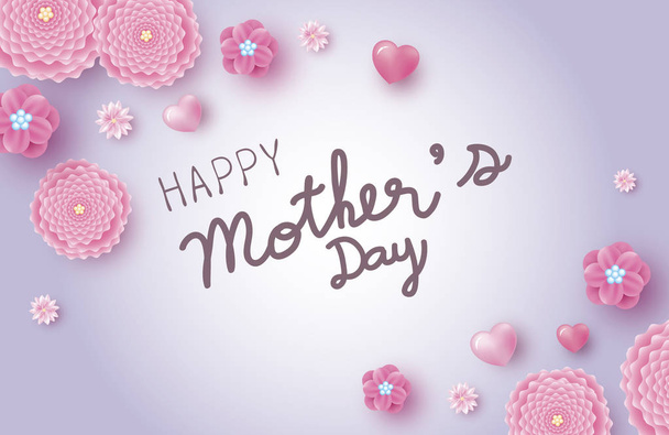 Mothers day banner design of pink flowers with heart on violet background vector illustration - Вектор, зображення
