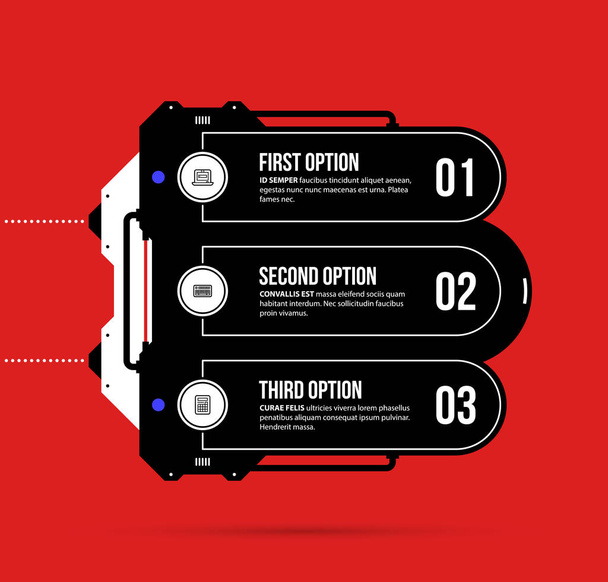 Hi-tech template with three options in black and red techno style on flat vibrant background - Vector, Imagen
