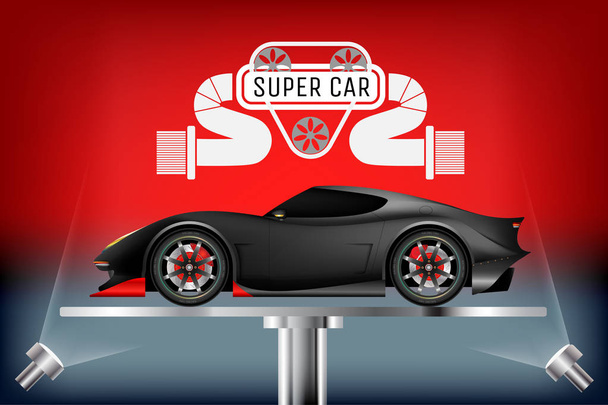 Süper bir araba gerçekçi tasarım konsepti. Spor araba lüks mat siyah renkle kırmızı ve gri arka plan üzerinde izole. Vektör çizim tasarım. Eps10 - Vektör, Görsel