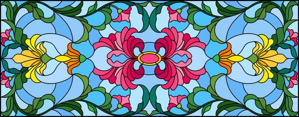 Ilustrace ve stylu barevného skla s abstraktními víry, květy a listy na modrém pozadí, horizontální orientace - Vektor, obrázek