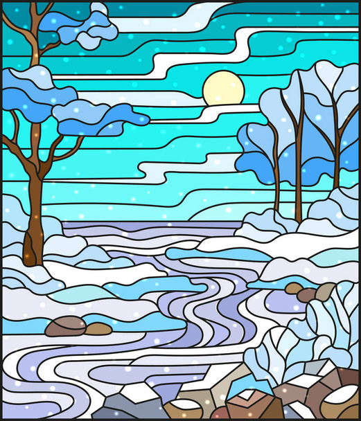 Illusztráció stílusban festett üveg egy fagyasztott Creek, a háttérben az ég, a havas fák és a mezők - Vektor, kép