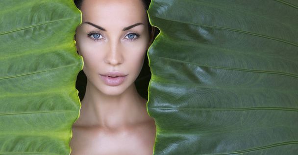 Belle visage de femme avec maquillage nu naturel sur une lea tropicale
 - Photo, image