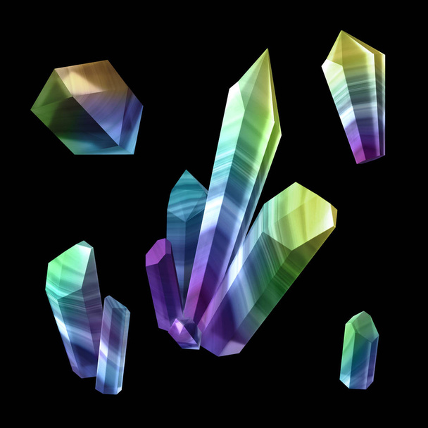 3d render, digital illustration, abstract crystals, modern gemstone background, multicolor nugget - Foto, afbeelding