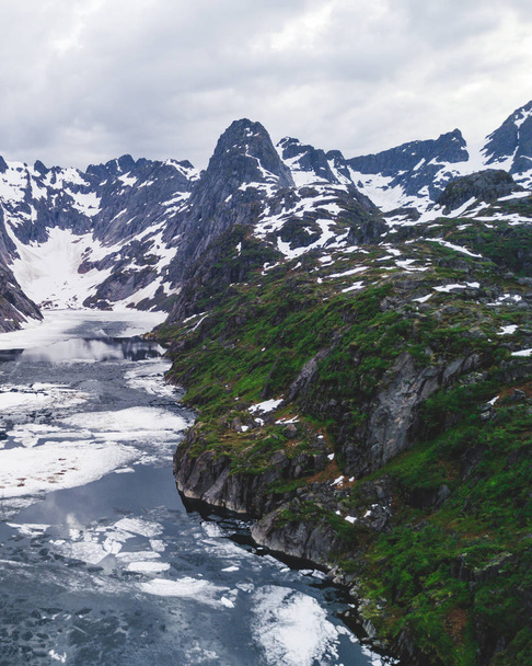 Mountain landscapes on Trollfjord in the Lofoten Islands, Norway. Aerial - Фото, изображение