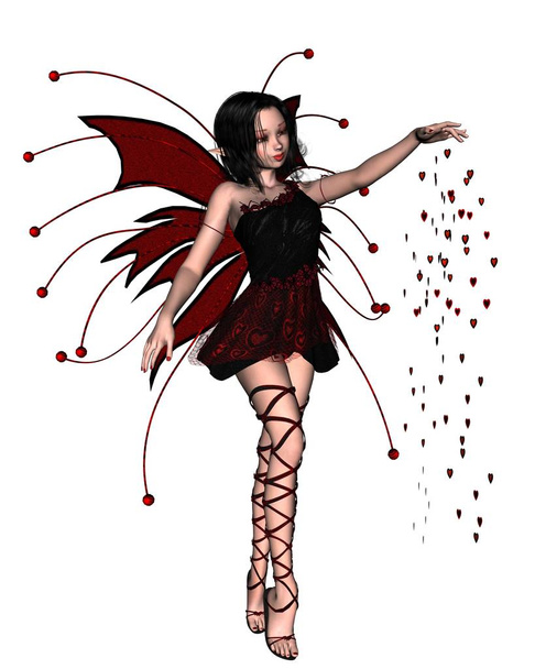 Cute Valentine Fairy - 3. Fantasy illustration of a cute Valentine Fairy scattering red heart sparkles, 3d digitally rendered illustration - Photo, Image