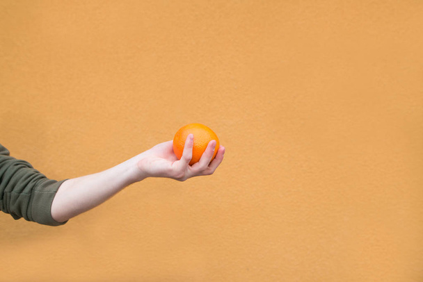 La mano sostiene una naranja en el fondo de una pared naranja. Concepto Fruta
 - Foto, Imagen