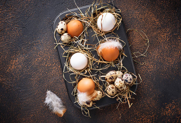 Taze çiğ tavuk ve elek bıldırcın yumurtası - Fotoğraf, Görsel