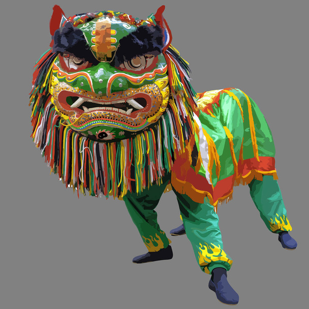 Цифровий графічні ілюстрації - танець Лева. Традиційний танець в китайській культурі. Імітувати леви рухів в костюмі Лев на ізольованих сірий фон. - Вектор, зображення