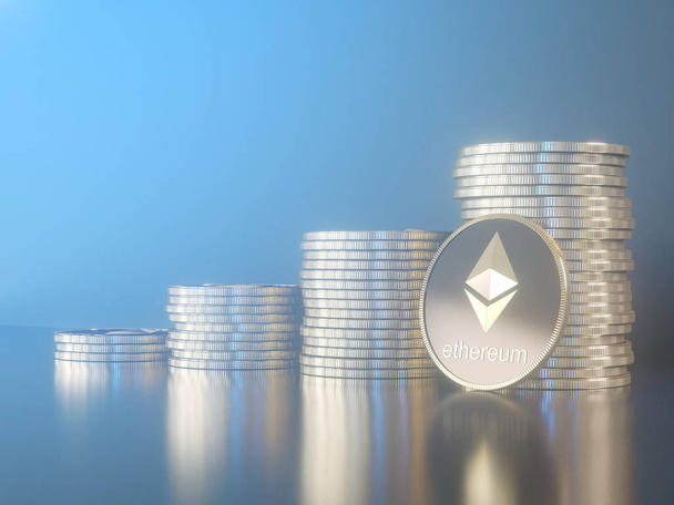 Glossy Ethereum in blurred closeup. Crypto-currency finance and banking as 3D Illustration concept. - Fotoğraf, Görsel