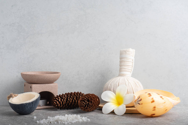 Aromatherapy  product  Spa set massage with concrete  background - Foto, afbeelding