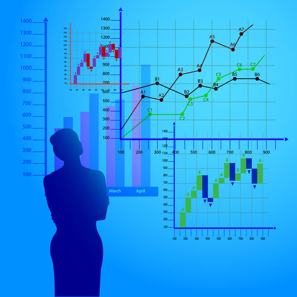 nainen harkitsee taloudellisia kaavioita, liiketoiminnan kaavioita
 - Vektori, kuva