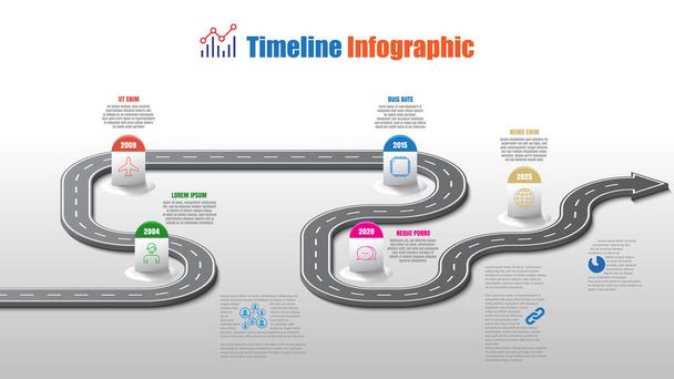 Liiketoiminnan tiekartta aikajanan infografinen malli osoittimia suunniteltu abstrakti tausta virstanpylväs moderni kaavio prosessi teknologia digitaalinen markkinointi tietojen esitystapa kaavio Vektori kuva
 - Vektori, kuva