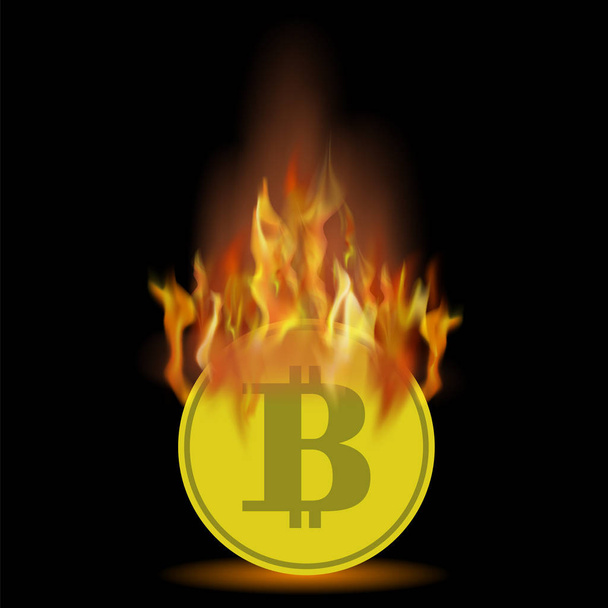 Burning Gold Bitcoin Icon on Black Background - Vektör, Görsel