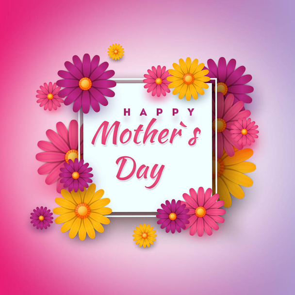 Ημέρα της μητέρας ευχετήρια κάρτα με τετράγωνο πλαίσιο και χαρτί κομμένα άνθη σε πολύχρωμα μοντέρνα φόντο. Εικονογράφηση διάνυσμα. Θέση για το κείμενό σας. - Διάνυσμα, εικόνα