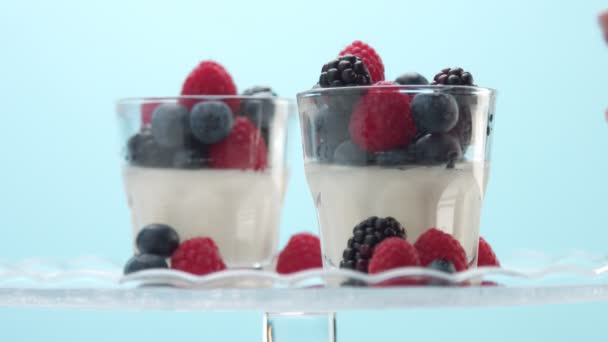 Przezroczyste szklanki pełne jogurtu, Panna Cotta, mus waniliowy biały ozdobiony jagodami - Materiał filmowy, wideo