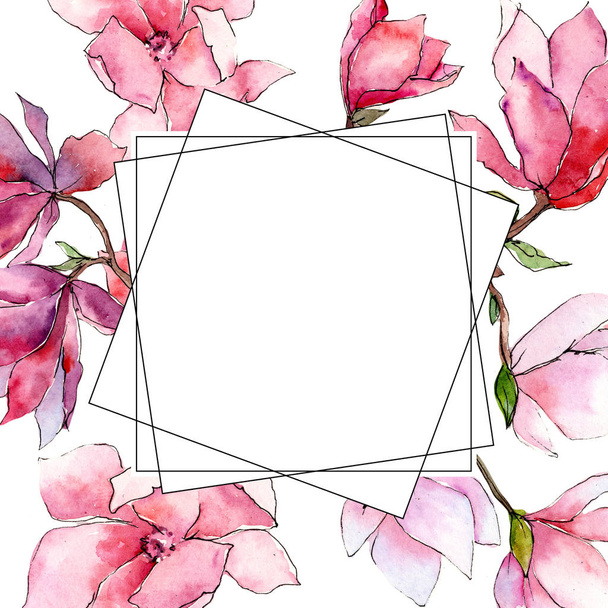 Rózsaszín magnolia. Virágos botanikai virág. Vad tavaszi levél vadvirág keret. - Fotó, kép