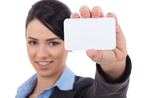 Empresária mostrando um cartão de visita em branco
 - Foto, Imagem