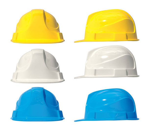 3d illustration of building helmets. Isolated. Set. Yellow, blue, wghite. 3d modeling. - Photo, image
