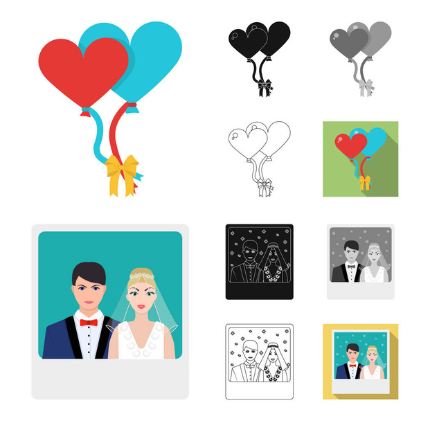 Esküvői és attribútumok rajzfilm, fekete, sima, fekete-fehér, vázlat ikonok beállítása gyűjtemény a design. Ifjú és tartozékok vektor szimbólum állomány honlap illusztráció. - Vektor, kép