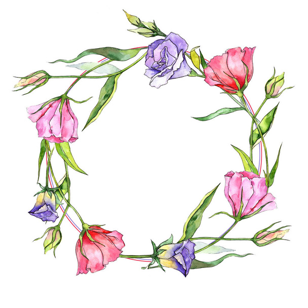 Wildflower eustoma flower wreath in a watercolor style. - Fotoğraf, Görsel