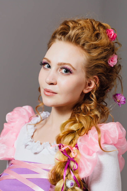 beautiful young girl with curly hairstyle. Magnificent princess in vintage dress - Zdjęcie, obraz