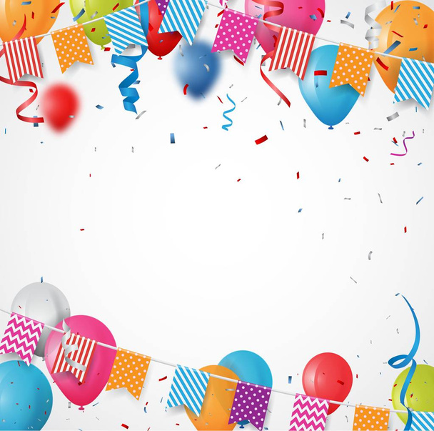 Барвиста векторна ілюстрація фону листівки на день народження. Рамка з різнокольорових прапорів, кульок та конфетті на білому тлі
 - Вектор, зображення