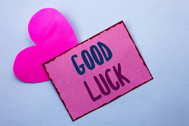Writing note showing  Good Luck. Business photo showcasing Lucky Greeting Wish Fortune Chance Success Feelings Blissful written on Pink Sticky Note Paper on the Plain background with Heart. - Foto, immagini