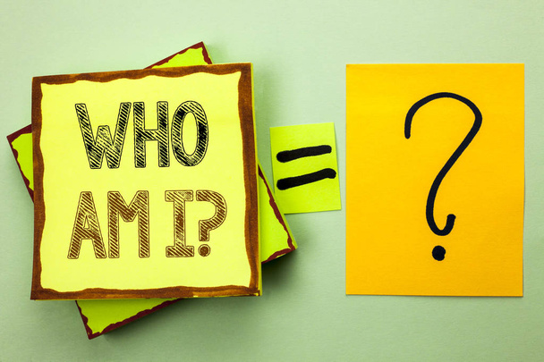 Conceptual hand writing showing Who Am I Question. Business photo showcasing Question Asked Identity Thinking Doubt Psycology Mystery written on Yellow Sticky Note on plain background Ask for. - Photo, Image