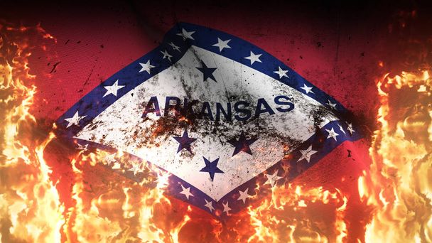 Arkansas Estados Unidos grunge bandera de guerra agitando en el fuego. Estados Unidos de América Arkansas bandera de conflicto sucio en llamas infernales que soplan en el viento
. - Foto, imagen