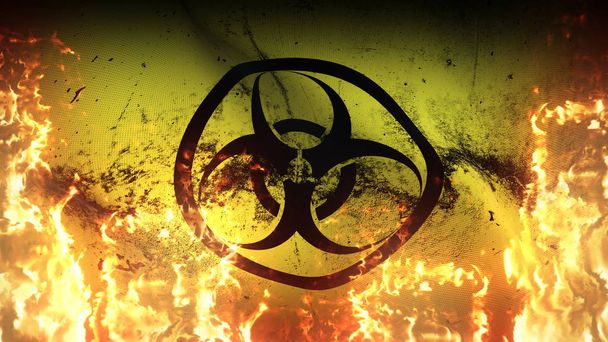 Biohazard Grunge Kriegsfahne weht auf Feuer. Biohazard schmutzige Konfliktfahne auf Inferno Flammen wehen auf Wind. - Foto, Bild