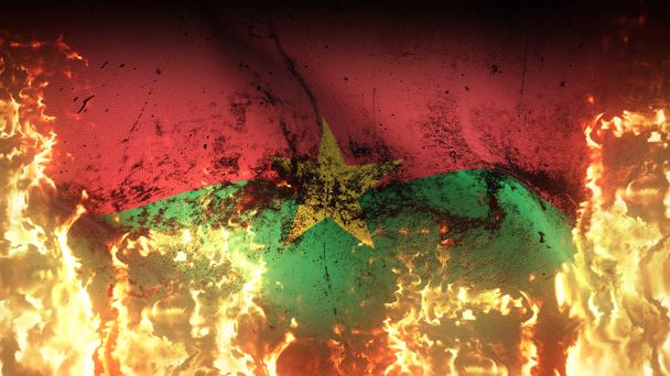 Буркіна-Фасо розгортає воєнний прапор, розмахуючи вогнем. Буркінабе Прапор брудної боротьби на пекло полум'я вітром.. - Фото, зображення