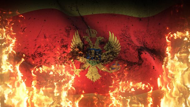 Montenegro grunge war flag waving on fire. Montenegrin dirty conflict flag on inferno flames blowing on wind. - Photo, Image