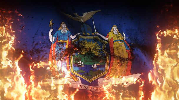 New York Us State grunge war flag розмахуючи вогнем. США Прапор брудної війни на пекельний вогонь, що дме на вітер. - Фото, зображення
