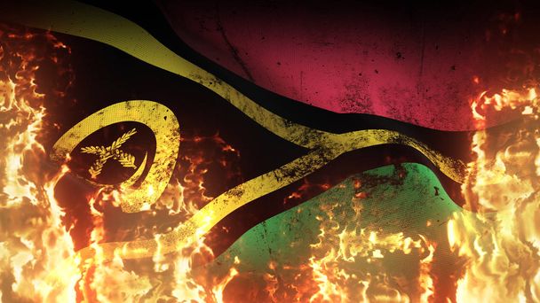 Вануату гранж военный флаг размахивает в огне. Грязный флаг Вануату на адском пламени, дующем на ветер
. - Фото, изображение
