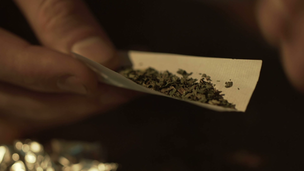 Mann macht Marihuana-Zigarette, verpackt Joint, ungesunder Lebensstil, Sucht - Filmmaterial, Video