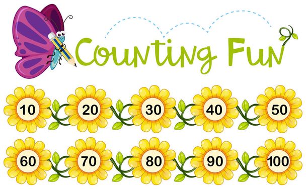 Butterfly counting number on flowers - Vector, Image