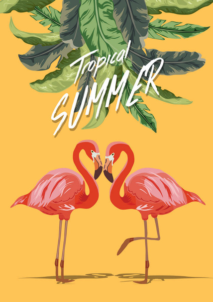 Sommer tropischen Hintergrund. Flamingo-Vogel mit Palmen- und Bananenblättern, Monstera und Datura-Blüten - Vektor, Bild