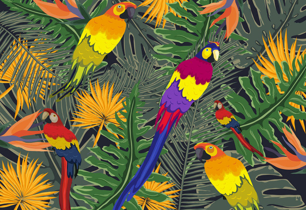 ポスター熱帯動植物、熱帯植物、オウムの背景 - ベクター画像