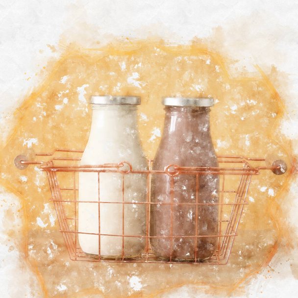 stijl van aquarel illustratie van melk en Chocolatewith tarwe boven tafel. Symbolen van Joodse vakantie - Sjavoeot (Wekenfeest). - Foto, afbeelding
