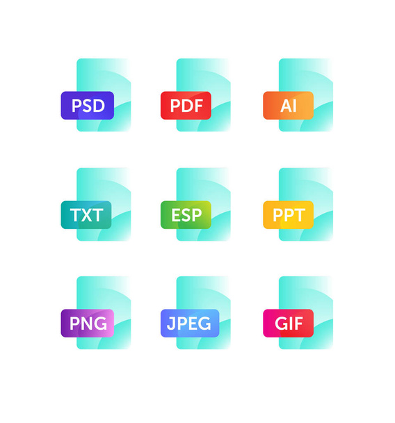 Symbole für die Erweiterung von Formaten. Dateisymbole. Vektor-Flachsymbole mit Farbverlauf, isoliert auf weißem Hintergrund. Modischen Stil. Symbole für Website und Print. Symbole für Dateien png, jpeg, ai, esp, txt, gif, psd, pdf. - Vektor, Bild