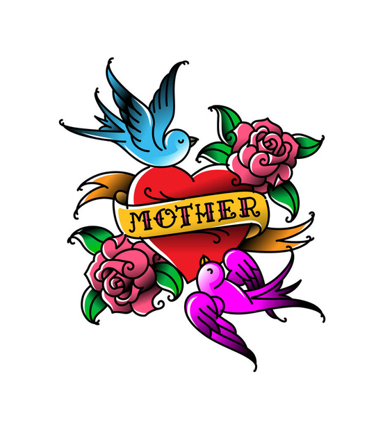 A tattoo with the inscription of Mom. A heart and flower tattoo with a flower. Tattoo in the style of the American old school. Vector flat tattoo. The illustration is isolated on a white background. - Vector, Image