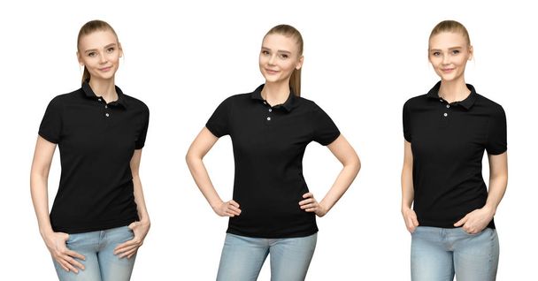 Встановіть варіації промо-позу дівчата в порожній чорній сорочці поло макет для друку і концептуального шаблону молода жінка в футболці спереду і з половиною повороту ізольований білий фон з відсічним контуром
 - Фото, зображення